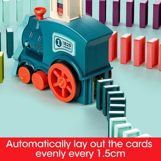 Mandotos electric domino train toy with building blocks, featuring colorful, automatic train set for creative STEM learning and play.