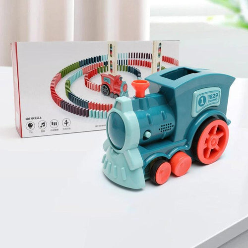 Mandotos Domino Train Toy set with electric automatic building blocks for creative STEM learning, featuring colorful train and blocks.