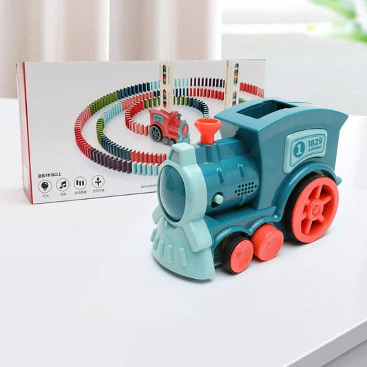 Mandotos Domino Train Toy set with electric automatic building blocks for creative STEM learning, featuring colorful train and blocks.