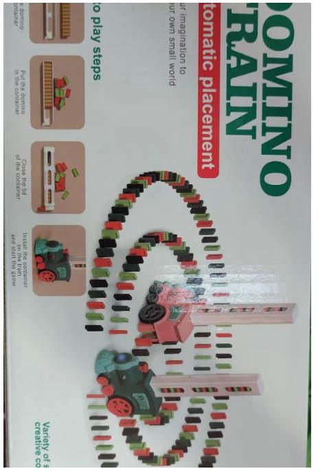 Mandotos electric domino train toy with building blocks for creative STEM learning, featuring colorful interconnected train and block pieces.