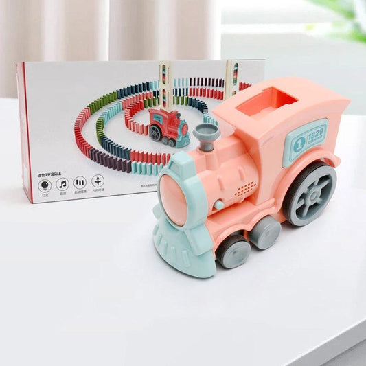 Mandotos Domino Train Toy set with electric automatic building blocks for creative STEM learning, featuring colorful train and blocks.