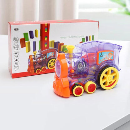 Mandotos electric domino train toy with building blocks, designed for creative STEM learning and interactive play.