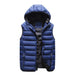 Mandotos blue sleeveless puffer vest jacket with down cotton filling, velvet lining, hood, and winter outerwear design.