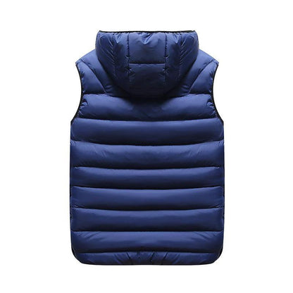 Mandotos blue sleeveless down cotton puffer vest with velvet lining, hooded winter outerwear, warm and stylish for cold weather.