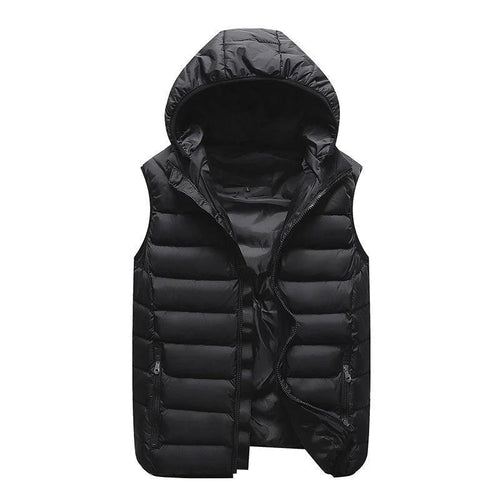 MANDOTOS blue sleeveless puffer vest jacket with down cotton filling, velvet trim, hood, and winter outerwear design.