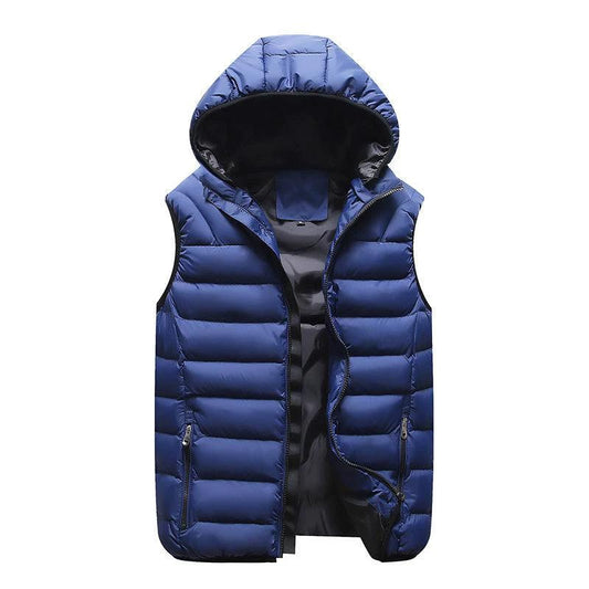 Mandotos blue sleeveless puffer vest jacket with down cotton filling, velvet trim, hood, and winter outerwear design.
