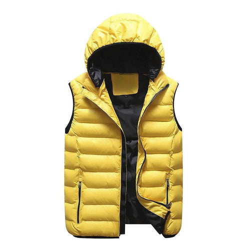Mandotos blue sleeveless down cotton puffer vest with velvet warmth and hood, suitable for winter outerwear.