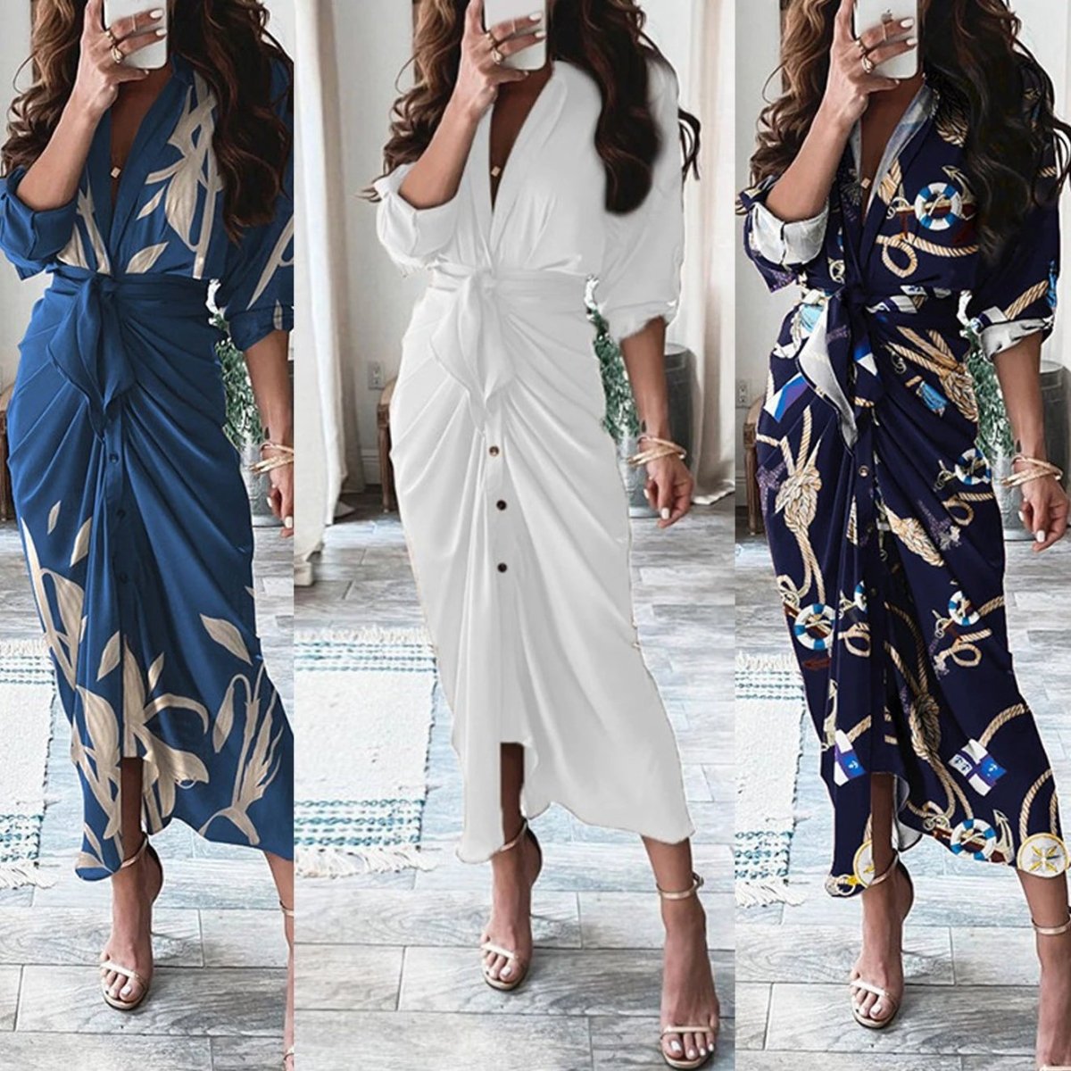 Mandotos European and American print long sleeve shirt dress with lace-up front and button details, casual and stylish for women.