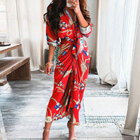 Mandotos long sleeve shirt dress with European and American print, lace-up front, button closure, and casual style.