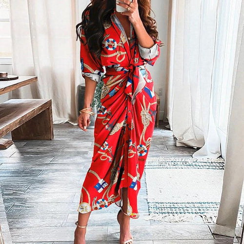 Mandotos long sleeve shirt dress with European and American print, lace-up front, button closure, and casual style.