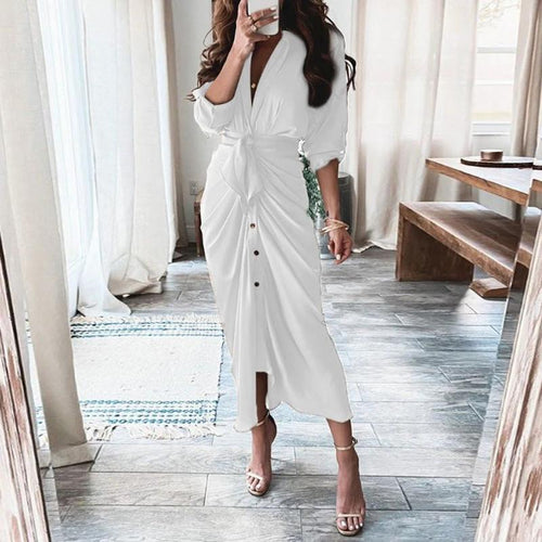 Mandotos European and American print long sleeve shirt dress with lace-up front and button closure, stylish and casual for women.