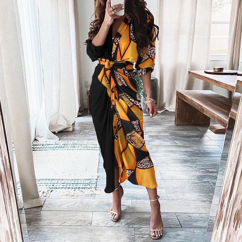 Mandotos European and American print long sleeve shirt dress with lace-up front and button details, casual and stylish.