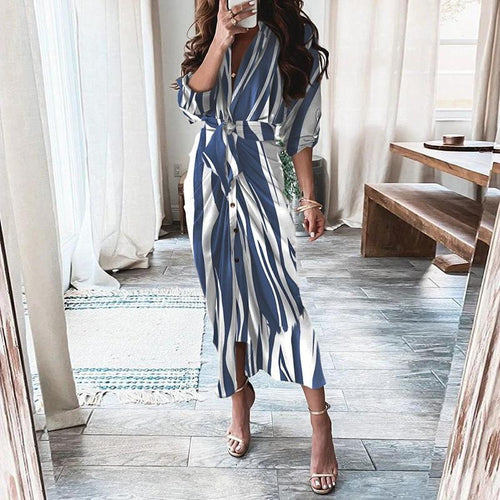 Mandotos long sleeve shirt dress with European and American print, lace-up front, button details, and a stylish casual design.