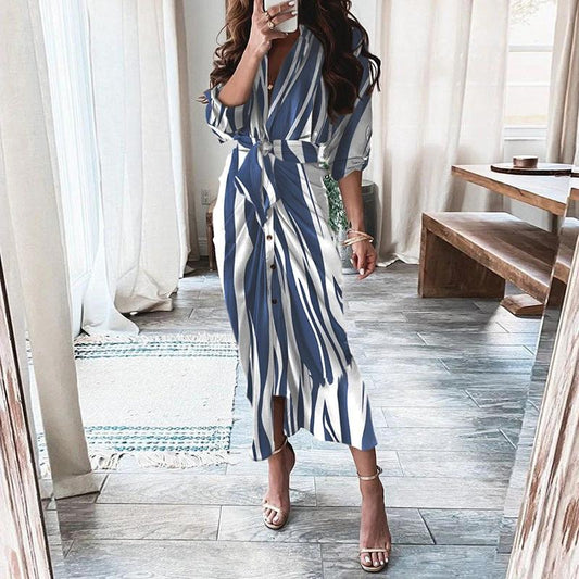 Mandotos long sleeve shirt dress with European and American print, lace-up front, button details, and a stylish casual design.