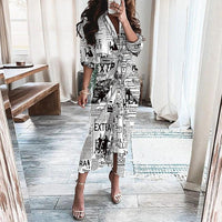 Mandotos long sleeve button-front shirt dress with European and American print, lace-up detail, and casual chic style.