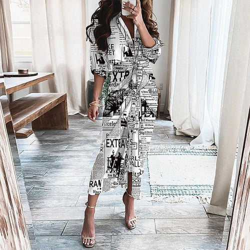 Mandotos long sleeve button-front shirt dress with European and American print, lace-up detail, and casual chic style.