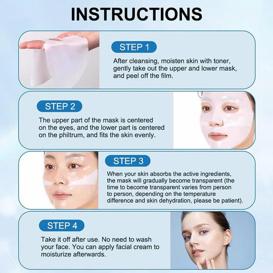 Mandotos face mask with pore-shrinking, moisturizing, and deep hydration effects, shown applied to a person's face.