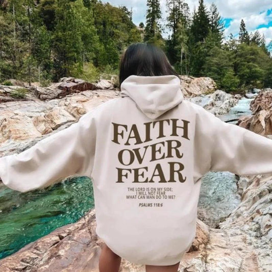 Unisex brown Christian hoodie with "Faith Over Fear" and Psalm 118:6 Bible verse printed on the front, by MANDOTOS.