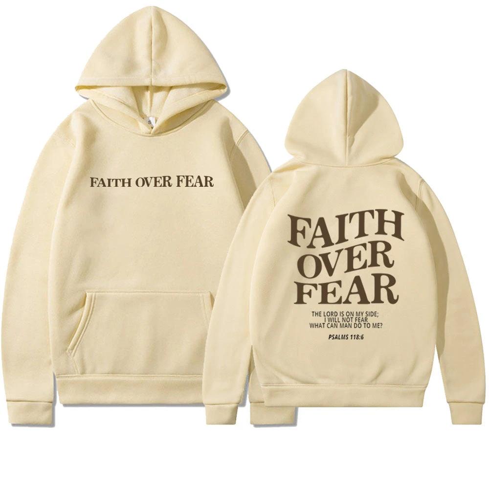 Unisex brown Christian hoodie by Mandotos with "Faith Over Fear" and Psalm 118:6 Bible verse printed on front.