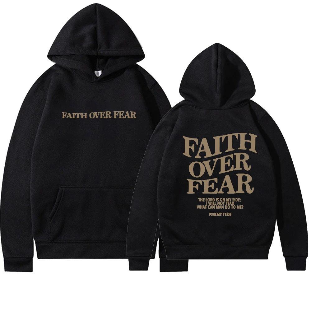 Unisex brown Christian hoodie by MANDOTOS featuring Psalm 118:6 "Faith Over Fear" Bible verse printed on the front.