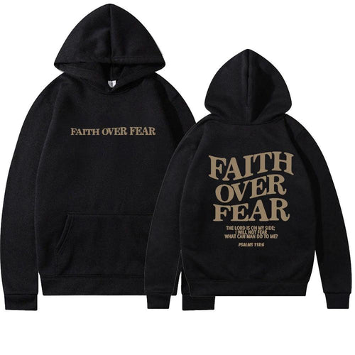 Unisex brown Christian hoodie by MANDOTOS featuring Psalm 118:6 "Faith Over Fear" Bible verse printed on the front.