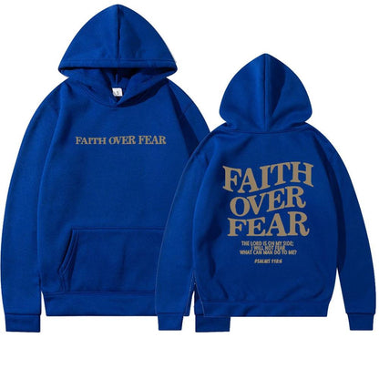Unisex brown Christian hoodie by Mandotos with "Faith Over Fear" and Psalms 118:6 Bible verse printed on front.