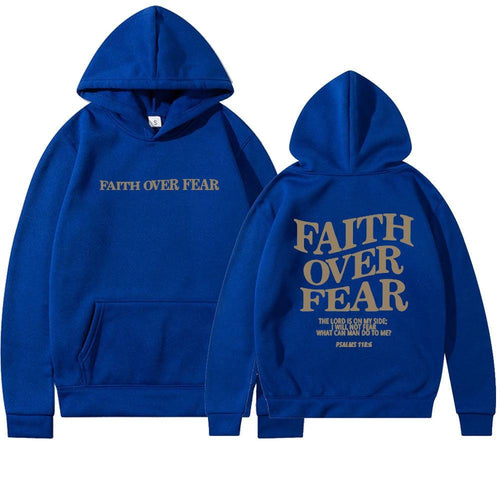 Unisex brown Christian hoodie by Mandotos with "Faith Over Fear" and Psalms 118:6 Bible verse printed on front.