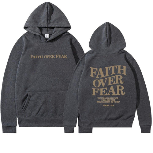 Unisex brown Christian hoodie by Mandotos featuring a Bible verse from Psalms 118:6 with "Faith Over Fear" printed on the front.