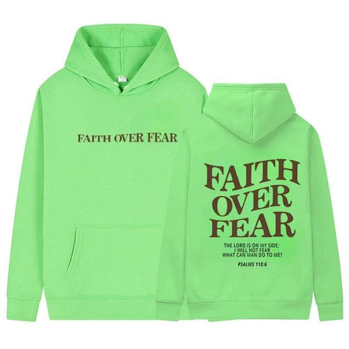 Unisex brown Christian hoodie by Mandotos featuring Psalm 118:6 "Faith Over Fear" Bible verse design.