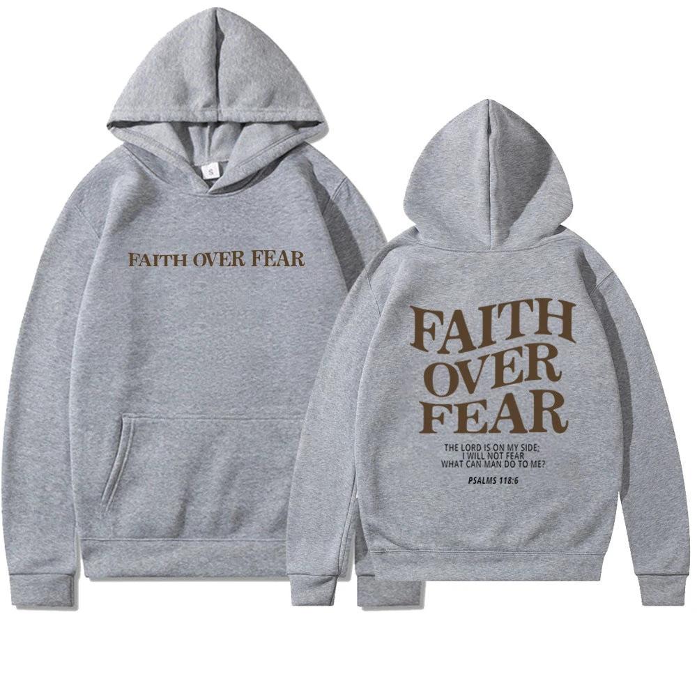 Mandotos Faith Over Fear Christian hoodie in brown with Psalm 118:6 Bible verse, unisex design, comfortable and stylish.