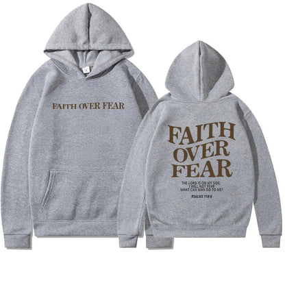 Mandotos Faith Over Fear Christian hoodie in brown with Psalm 118:6 Bible verse, unisex design, comfortable and stylish.