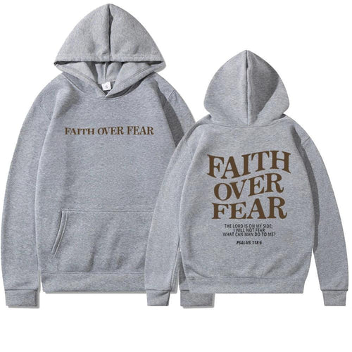 Mandotos Faith Over Fear Christian hoodie in brown with Psalm 118:6 Bible verse, unisex design, comfortable and stylish.