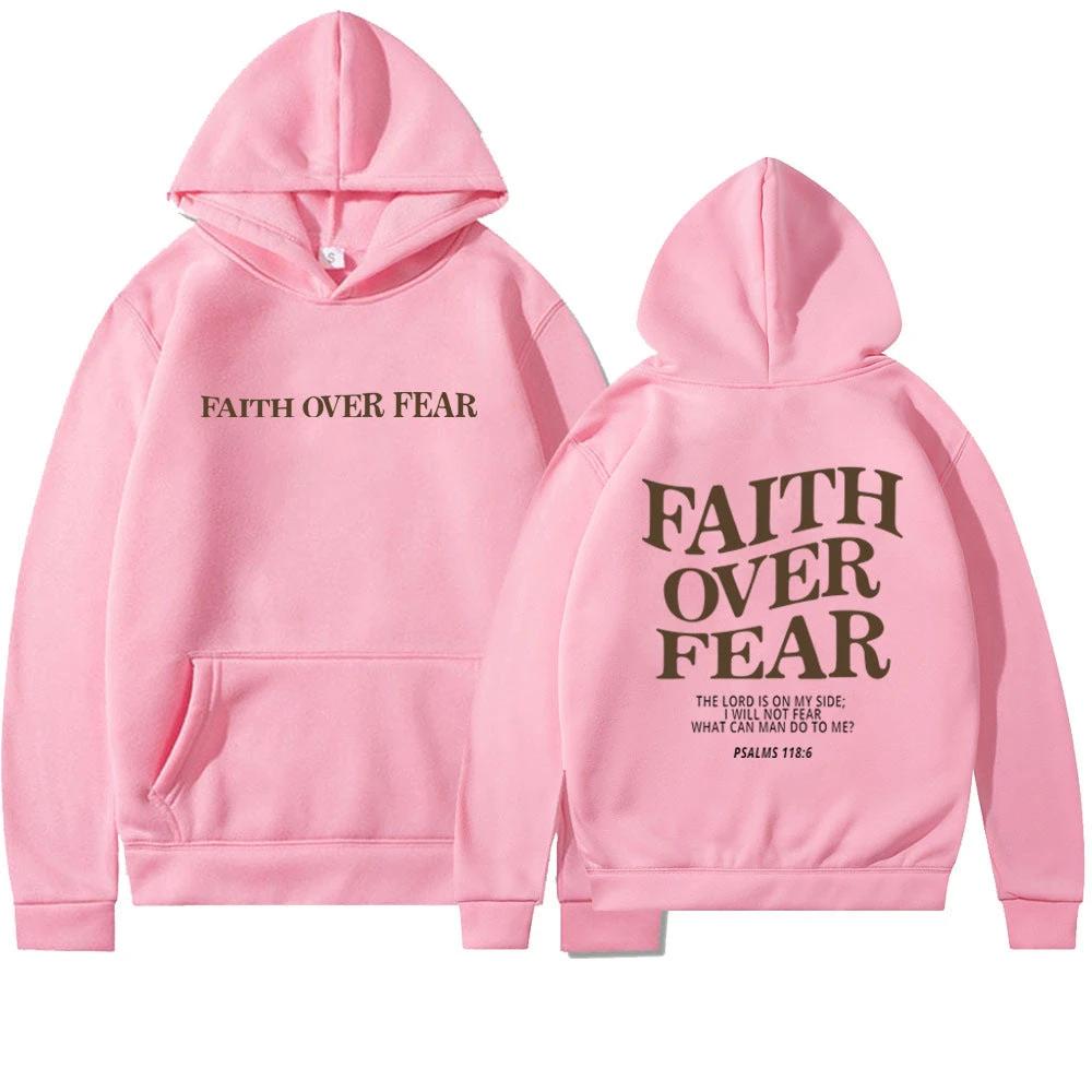 Unisex brown Christian hoodie by MANDOTOS with "Faith Over Fear" and Psalm 118:6 Bible verse printed on the front.