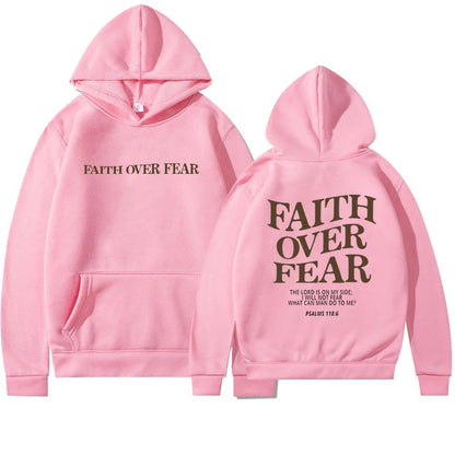 Unisex brown Christian hoodie by MANDOTOS with "Faith Over Fear" and Psalm 118:6 Bible verse printed on the front.
