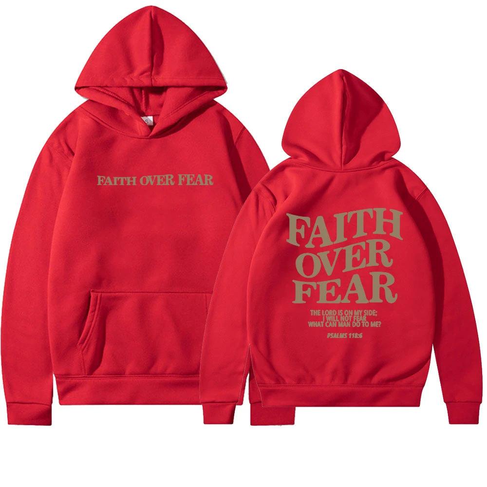 Unisex brown Christian hoodie by Mandotos with "Faith Over Fear" and Bible verse Psalms 118:6 printed on the front.