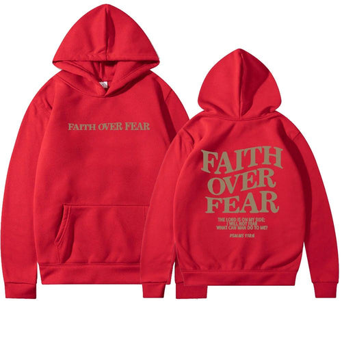 Unisex brown Christian hoodie by Mandotos with "Faith Over Fear" and Bible verse Psalms 118:6 printed on the front.