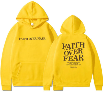 Unisex brown Christian hoodie by Mandotos featuring Psalm 118:6 "Faith Over Fear" Bible verse print.