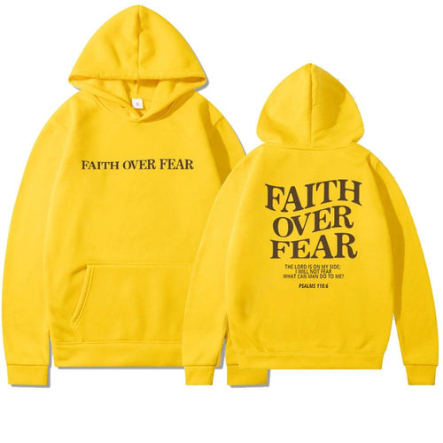 Unisex brown Christian hoodie by Mandotos featuring Psalm 118:6 "Faith Over Fear" Bible verse print.