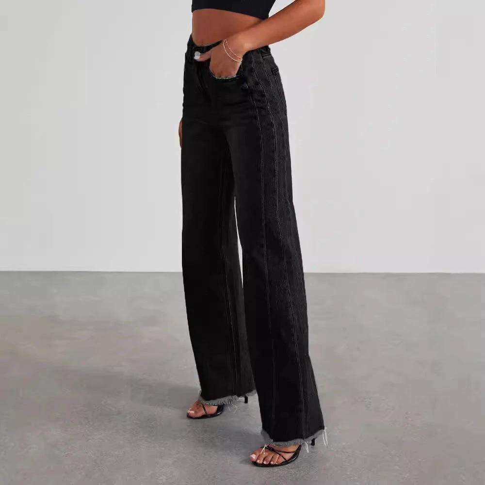 Mandotos high waist jeans with pockets, slim fit, straight wide leg denim pants, showcasing front view and classic blue denim.