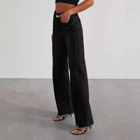 Mandotos high waist jeans with pockets, slim fit, straight wide leg denim pants, showcasing front view and classic blue denim.