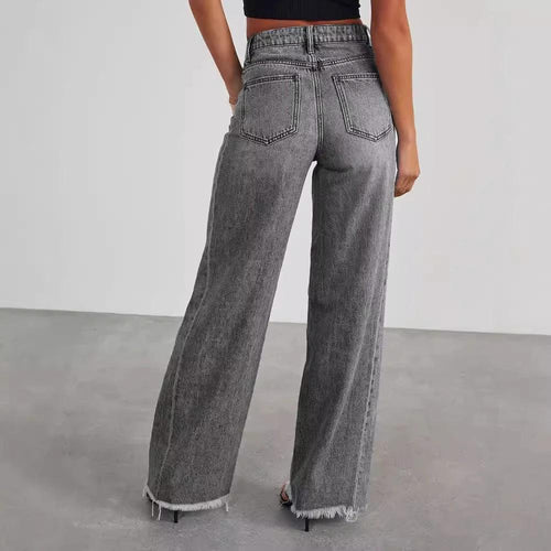 Mandotos high waist jeans with pockets, slim fit straight and wide leg denim pants for women, styled casually.