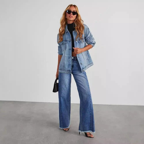 Mandotos high waist jeans with pockets, slim fit, straight and wide leg denim pants, casual fashion style.