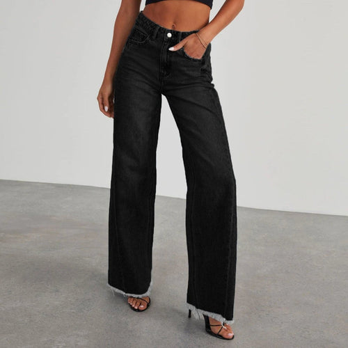 Mandotos high waist slim fit jeans with pockets, straight wide-leg denim pants, showcasing classic blue denim and stylish design.