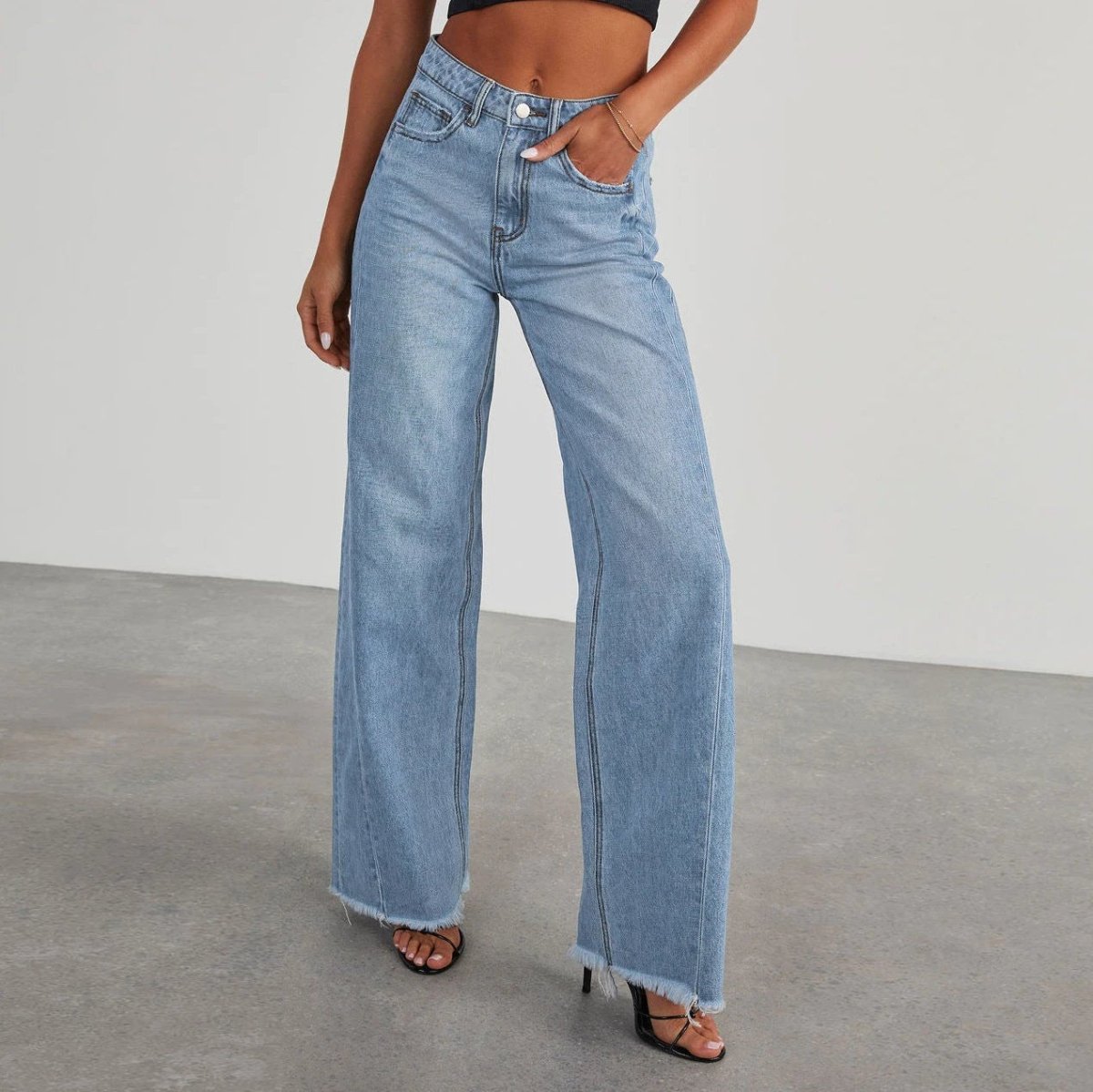 Mandotos high waist jeans with pockets, slim fit, straight wide-leg denim pants, stylish and comfortable for casual wear.
