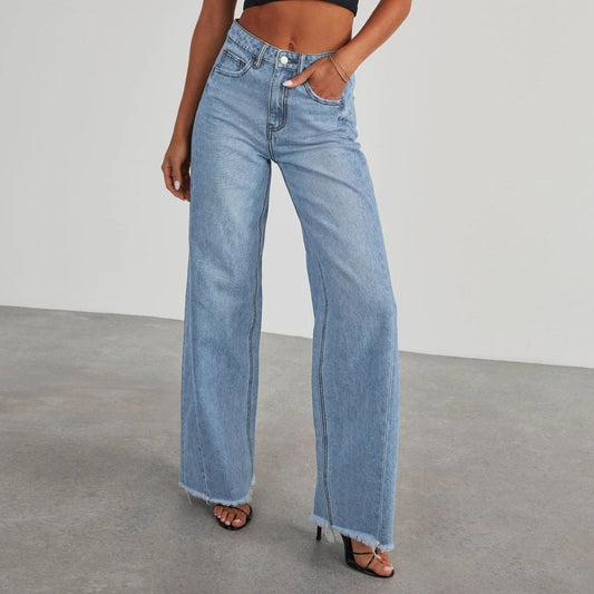 Mandotos high waist jeans with pockets, slim fit, straight wide-leg denim pants, stylish and comfortable for casual wear.