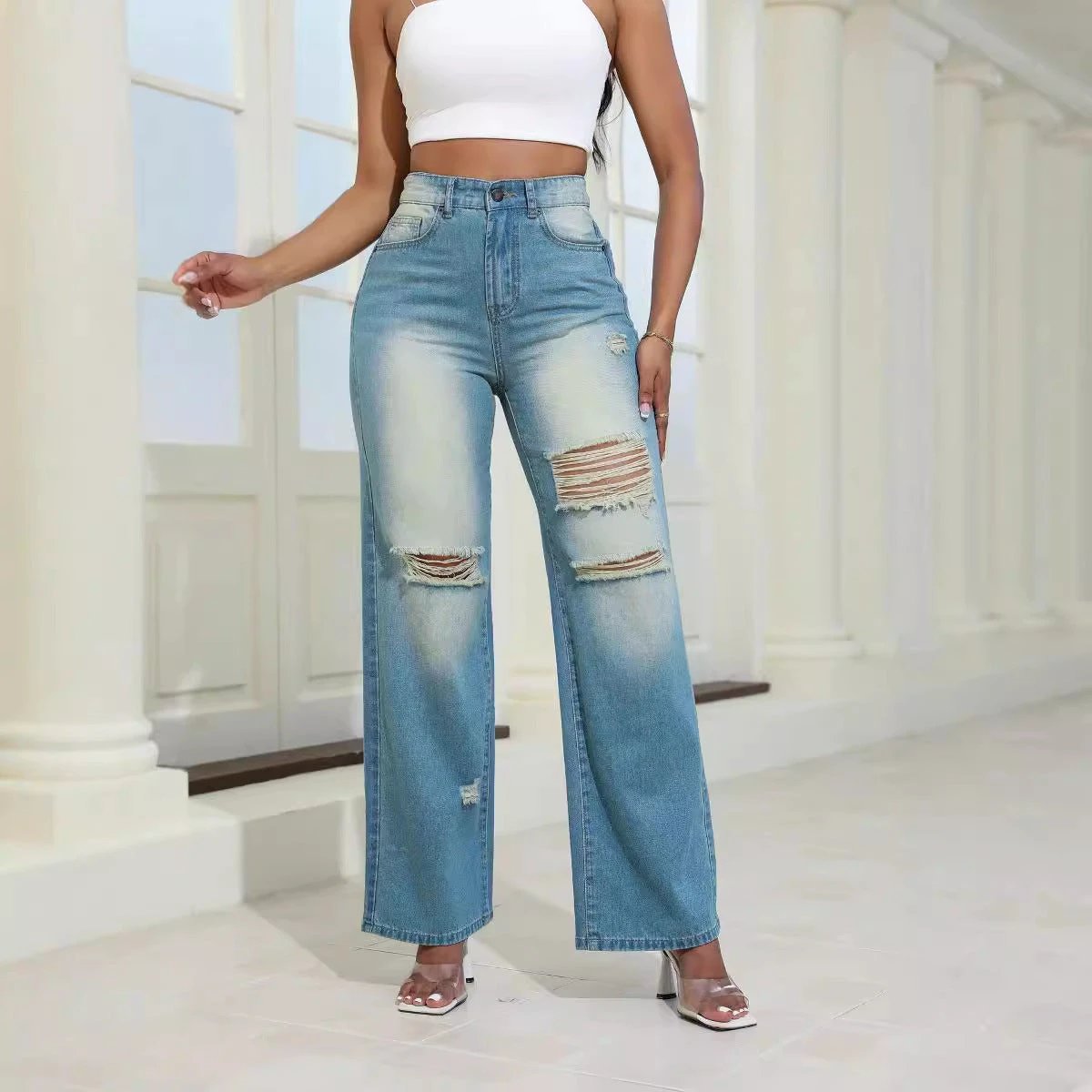Mandotos high waist ripped jeans with pockets, wide-leg straight fit, women's denim pants, stylish casual denim wear