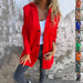 Red MANDOTOS hooded cardigan with single-breasted design and loose fit, displayed as a stylish, casual jacket.