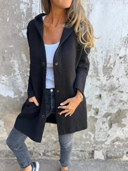 Red hooded cardigan by MANDOTOS, single-breasted loose-fit jacket with front buttons and cozy hood for casual wear.
