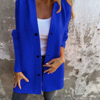 Red hooded cardigan by MANDOTOS featuring a single-breasted, loose fit design and casual style.