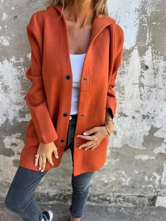 Mandotos red hooded cardigan with single-breasted design, loose fit, and casual style, shown on a model.